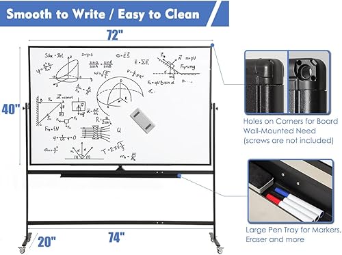Vista 32 de FORTUNO Pizarra blanca móvil magnética grande de 72 x 48 pulgadas, soporte rodante de doble cara sobre ruedas, pizarra blanca reversible ajustable