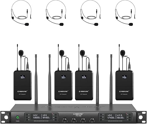 Phenyx Pro Sistema de micrófono inalámbrico de 4 canales, juego de micrófono inalámbrico UHF de escaneo automático, 4 mamelucos con