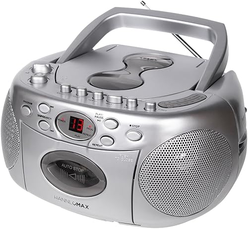 HANNLOMAX HX-323CD Reproductor de CD portátil, radio AMFM, grabadora de cassette, grabaciones de CD o radio, conector para auriculares, fuente de