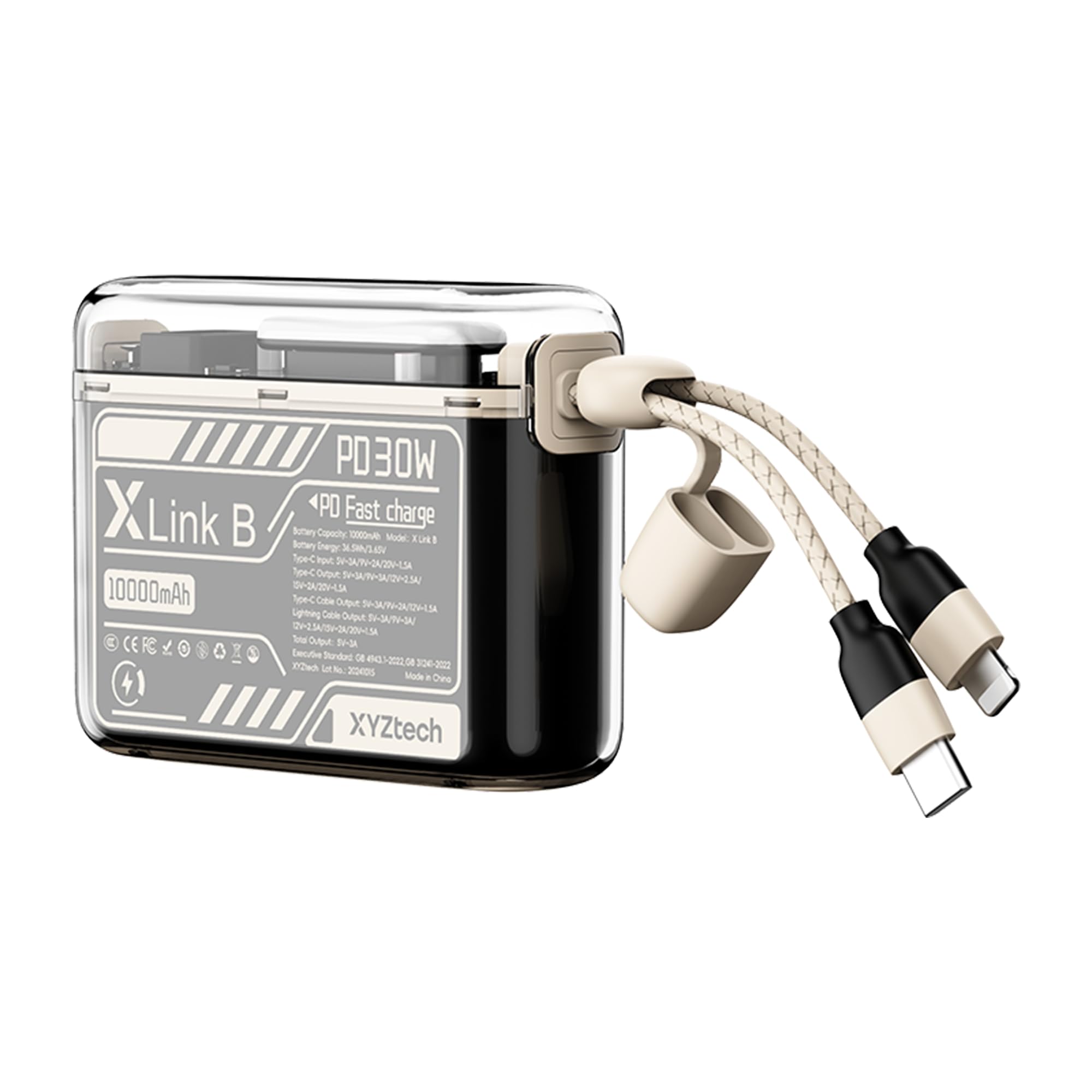 XYZtech X Link B Power Bank - 10000 mAh - Built-in Dual USB-C, iPh Cables and Flashlight, Compatible with iPhone and Samsung, Cream