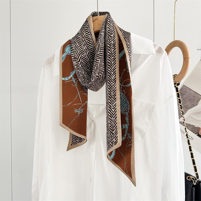 100% Mulberry Silk Scarf for Women - Luxury Long Skinny Neckerchief with Vintage Print, Lightweight Fashion Accessory for Office, Party, or Travel2