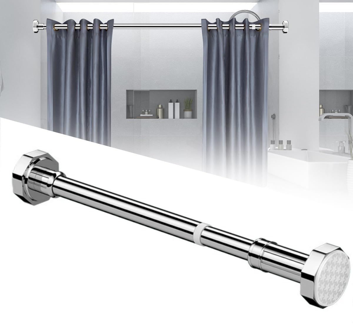 ORCHID M® Shower Curtain Rod Adjustable 130cm-230cm, No Drill Curtain Rod Tension Shower Curtain Rod Stainless Steel Rust Proof Shower Rods for Bathroom Shower Stall, Silver Black