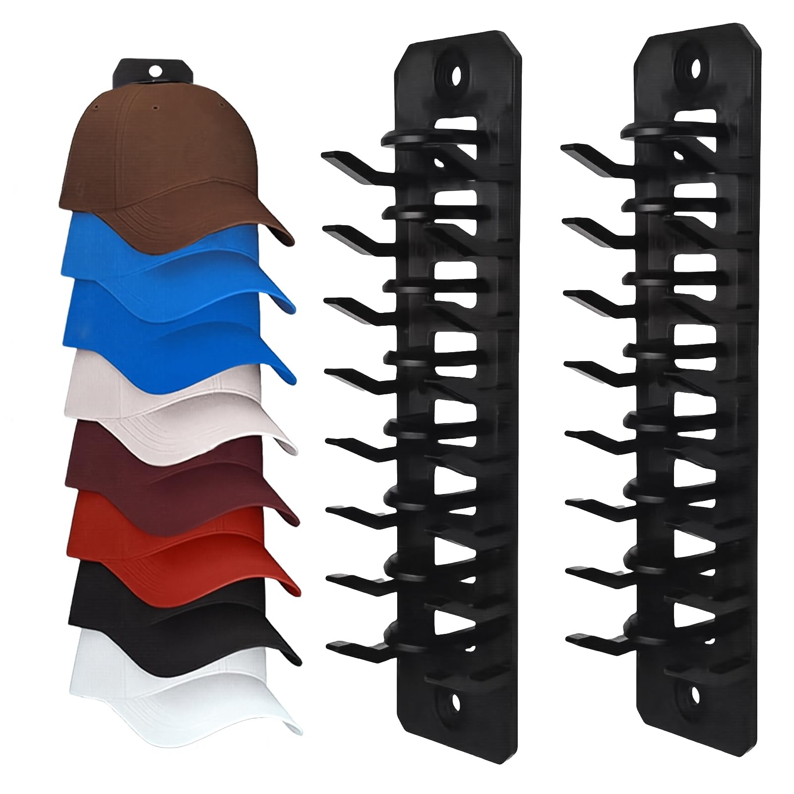 BDDZYBY 2 Pack Hat Organizer for Baseball Caps, Wall Mounted Cap Holder Holds Up to 20 Hats, Black Hat Rack Hooks for Door, Closet or Wall Storage, Space Saving Design, Easy Install