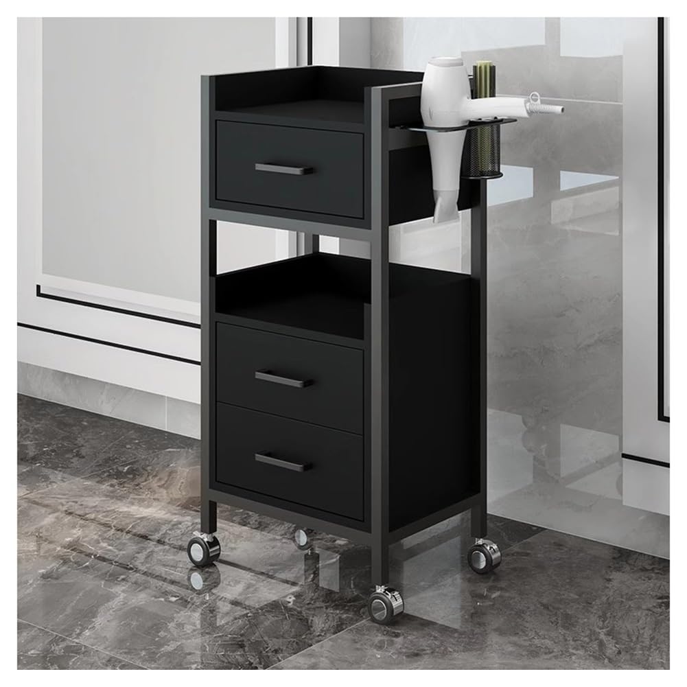 Zfmnoyev Hair Salon Storage Cart with Wheels, 3-Drawer Barber Cabinet Storage Station, Hairdressing Tools Trolley with Dryer Holder, Suitable for Barber Beauty Spa Shop(Black-B)