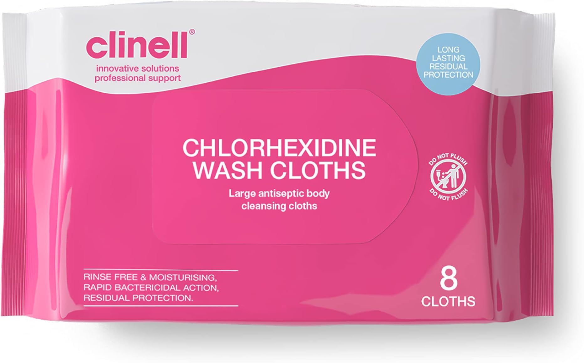 Clinell Chlorhexidine Wash Cloths - Pack of 8 Cloths - Body Wipes, Rinse Free Solution, Kills Bacteria, Dermatologically Tested - for Patients, Elderly & Disabled - Pink