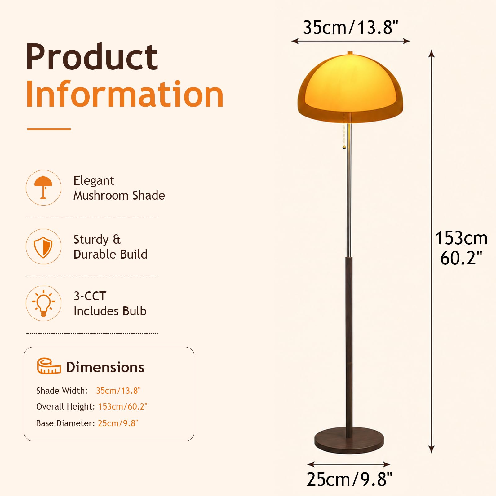Orangefarbene Pilz-Stehlampe 153 CM, Mid-Century Modern | Zweischichtiger Acryl-Kugellampenschirm, E27, 3 Farbtemperaturen, Metallstange In Holzoptik Für Wohn-, Schlafzimmer Und Büro