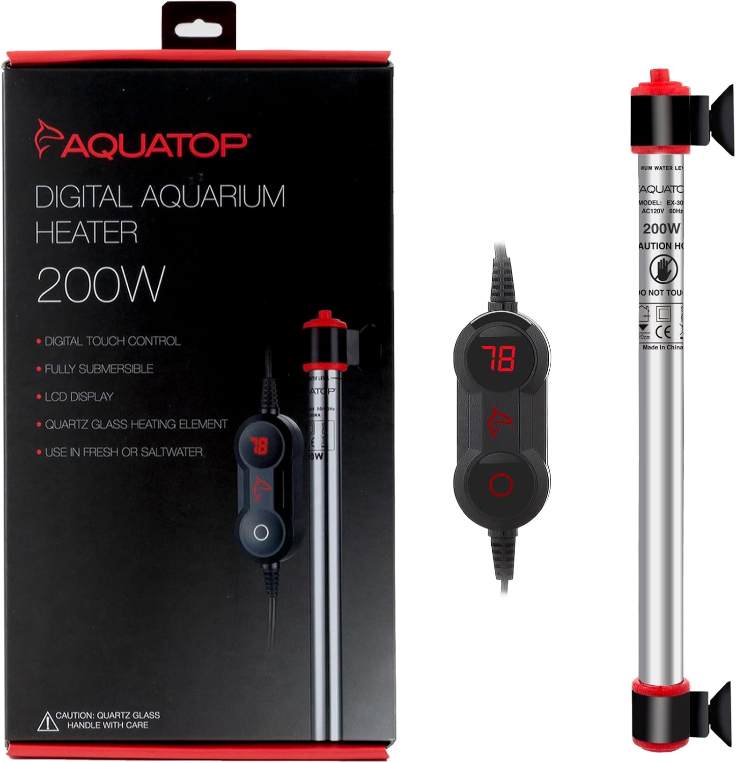 Aquatop 200W Digital Aquarium Heater with External Control - Fully Submersible for Fish Tanks up to 50 Gallons, Adjustable Temperature for Fresh & Saltwater Use, EX-200