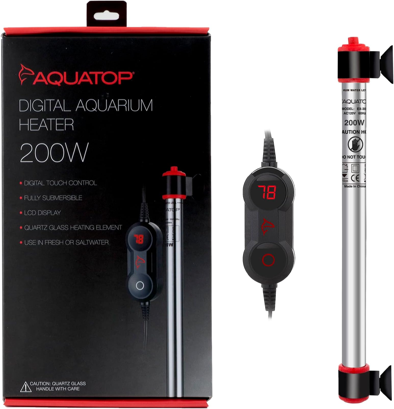AQUATOP 200W Digital Heater with External Control - Fully Submersible for Fish Tanks Up to 50 Gallons, 68-93F Adjustable Temperature Range, Fresh & Saltwater Use, Aquarium Heaters, EX-200