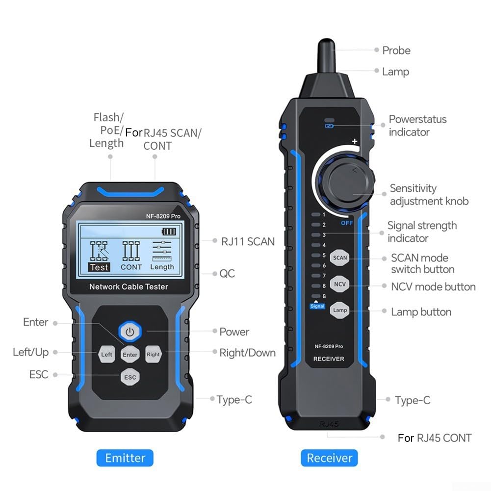 NF-8209Pro Netzwerkkabeltester mit für poe Erkennung und Längentest für LAN Ethernet Kabel - Digitaler Leitungssucher bis 200m mit NCV Funktion und LCD Display für Techniker