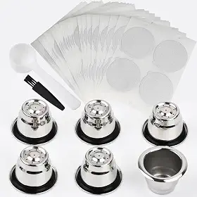 Cápsulas reutilizáveis para Nespresso OriginalLine, 6 cápsulas de café recarregáveis de aço inoxidável compatíveis com máquinas Nespresso Original Line (6 xícaras + 200 tampas)