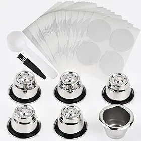 Cápsulas reutilizáveis para Nespresso OriginalLine, 6 cápsulas de café recarregáveis de aço inoxidável compatíveis com máquinas Nespresso Original Line (6 xícaras + 200 tampas)