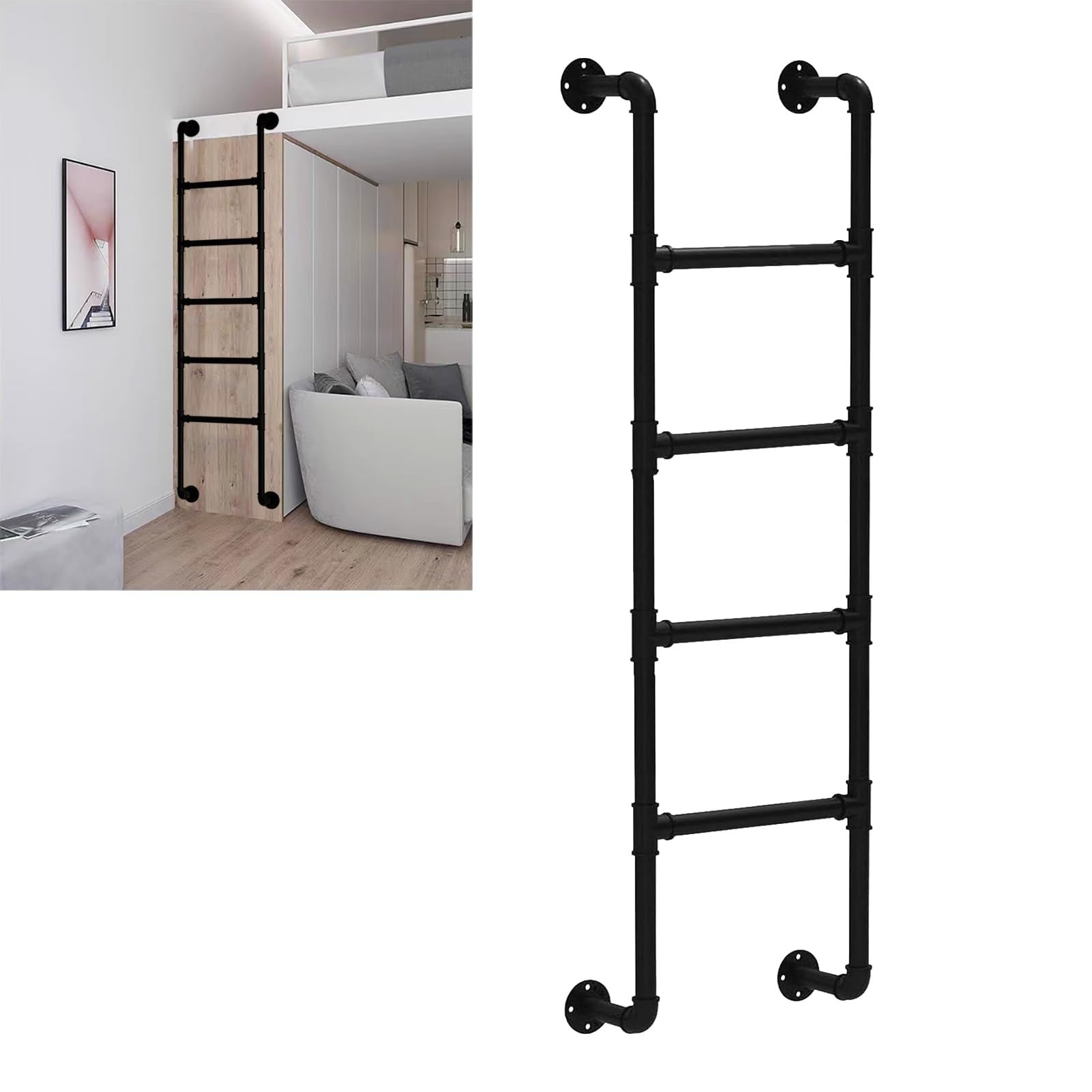 Wall Mounted Metal Step Ladder for Home Loft，Black Wrought Iron Attic Bunk Bed Ladder Heavy Duty Fire Escape Ladder Multi-function Space-Saving Climb Ladders(130cm/51in)