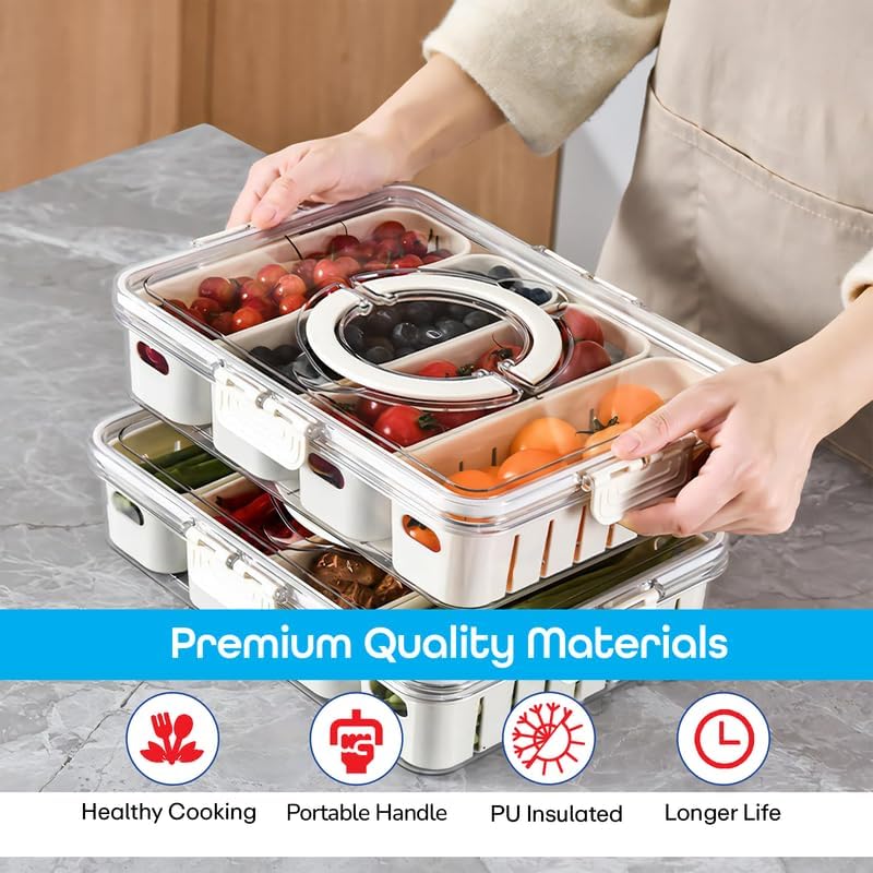Image of Divided Fridge Storage Boxes With Serving Veggie Tray with Lid and Handle, Fridge Organizer with Removable Compartment, Fridge Storage Containers (4 Compartment-1PCS)