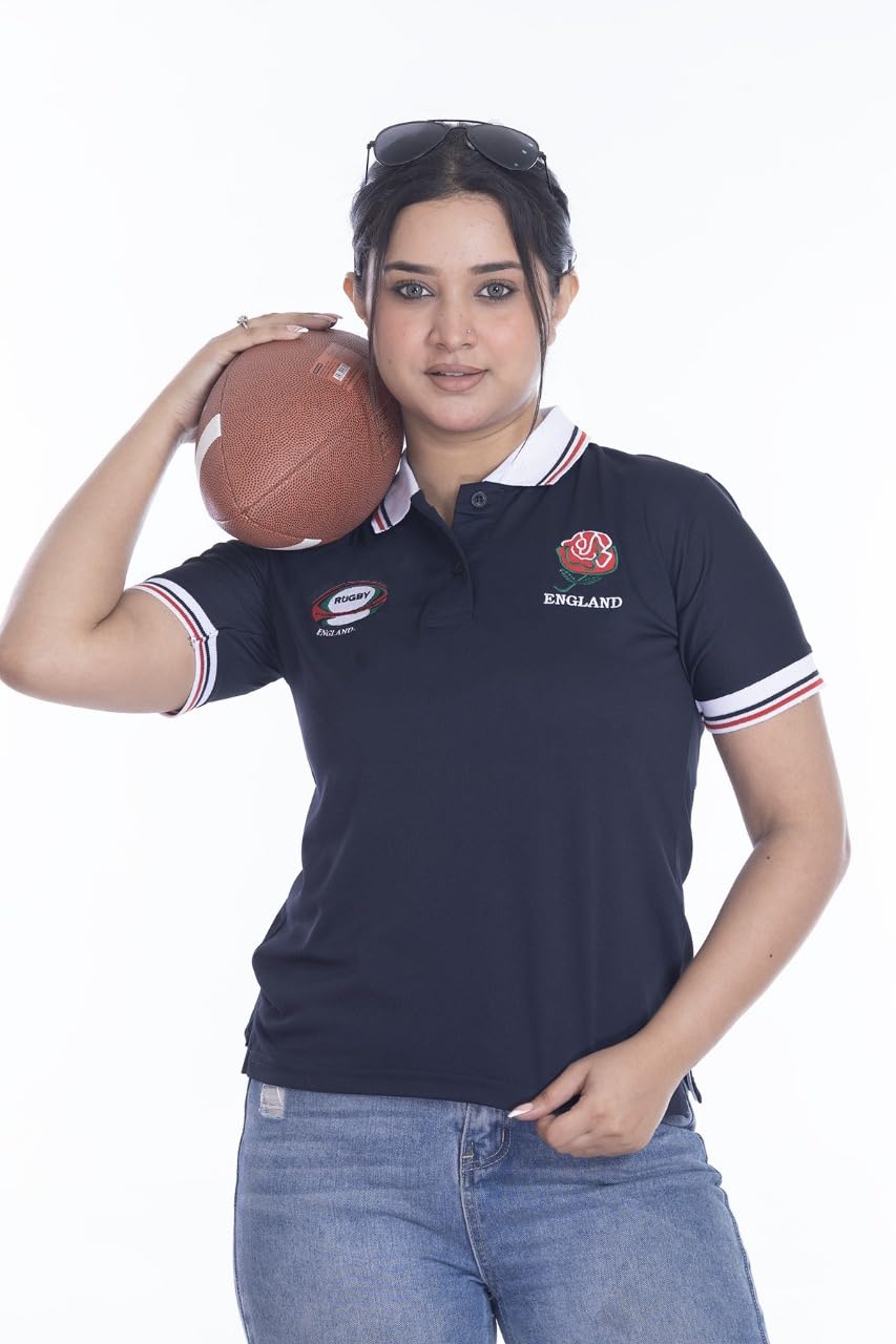 New Model UK Women England Rugby Fan Supporter T Shirt Button Down Collar Style Short Sleeve Size 8-10 to 24-26 (S to XXL) (M, Navy Blue)