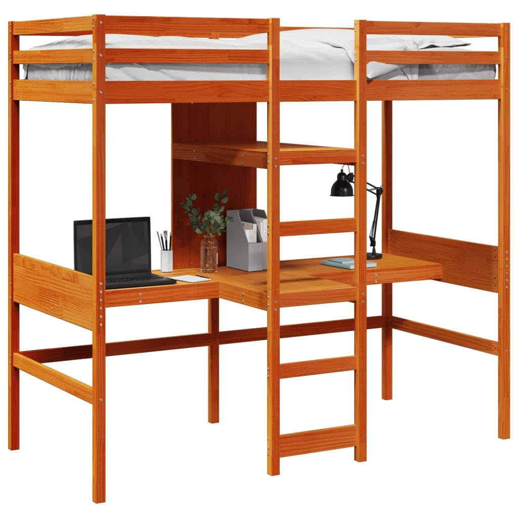 Cama Alta de Madera Maciza de Pino marrón Cera 80x200 cm con Estructura Resistente, Base de Listones, barandillas, Escalera incorporada, Almacenamiento Debajo
