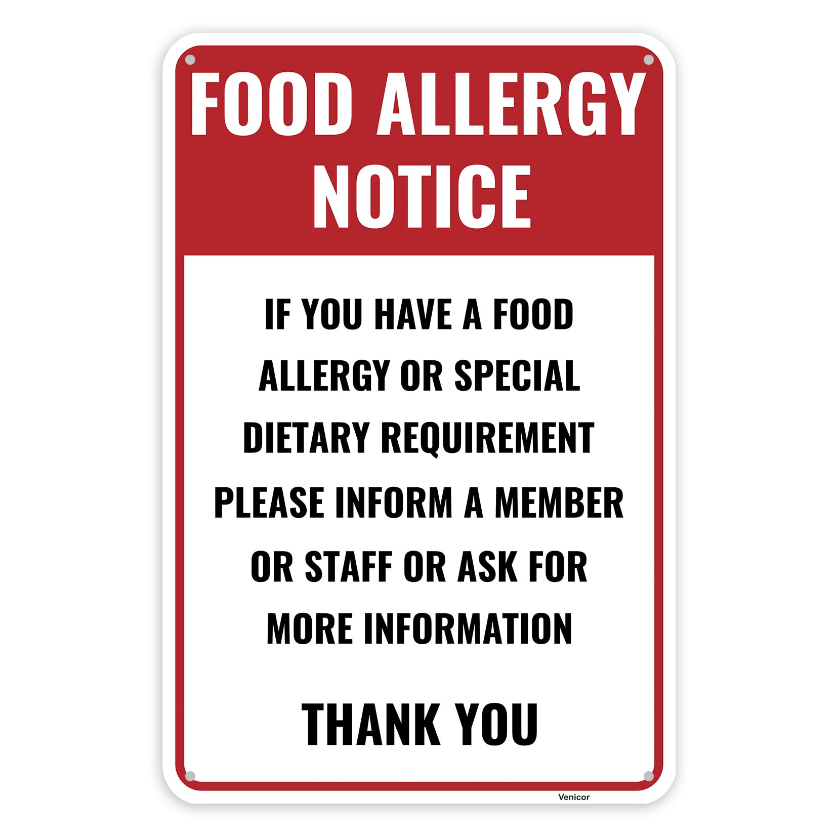 Food Allergy Warning Sign, Restaurant Allergen Notice, Aluminum, 12x8 Inch