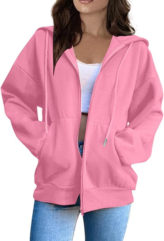 OIOLOYJM Zipper Hoodies for Women Long Sleeve Oversized Sweatshirts Y2k Drawstring Soft Jacket 2025 Fall Fashion with Pockets