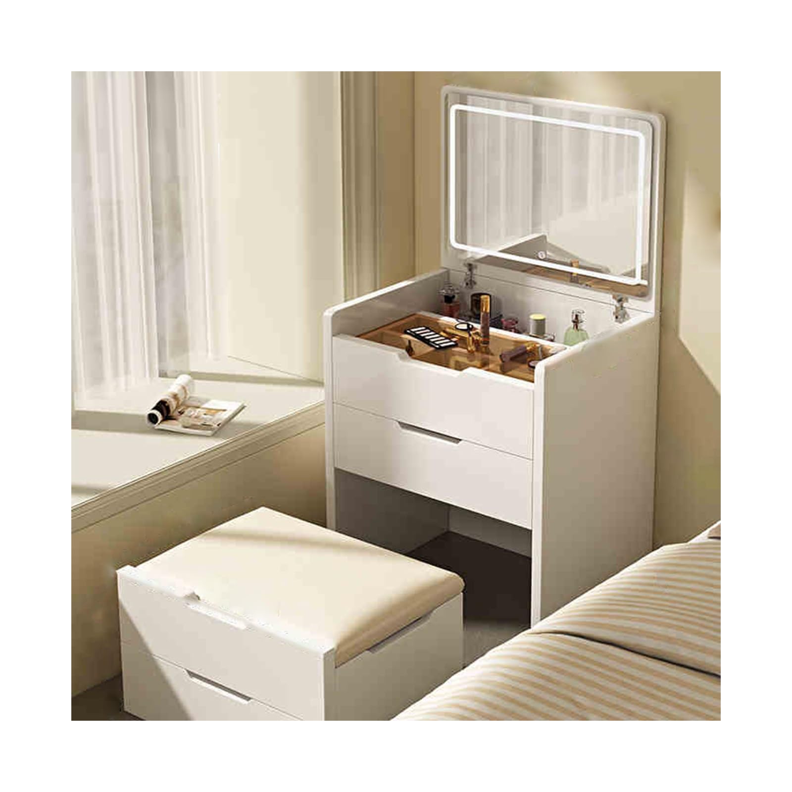 BKSXSOP White Vanity Table with Mirror, Small Dressing Set Stool, Makeup Station for Bedroom & Bathroom, Adjustable Height 60CM, Stylish Functional Furniture.