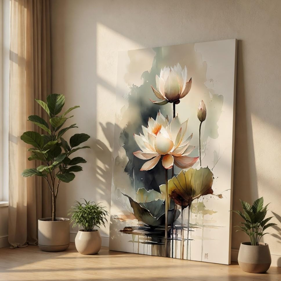 Livin'luxe Elegant White Lotus Flower Canvas Wall Art - Zen Watercolor Floral Painting Print with Water Reflection for Living Room, Bedroom & Spa Decor (Neutral Earth Tones, Large Poster)-image-3