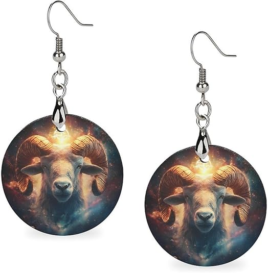 Aries-Zodiac Sign Round Earrings for Women Lightweight Wooden Hoop Dangle Earring Trendy Jewelry