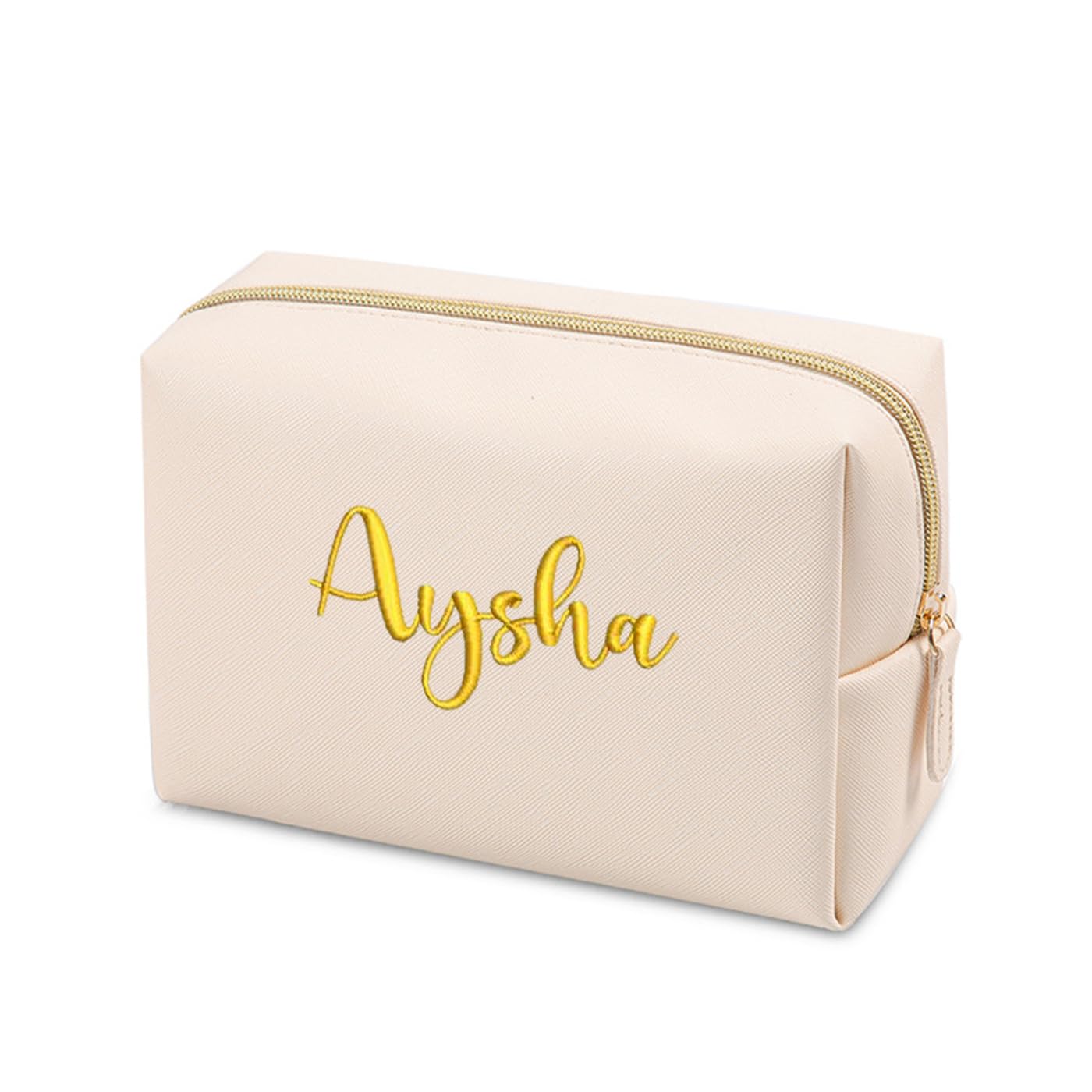 GOPHIE Personalized Embroidered Makeup Bag, Toiletry Bag for Women, Large Cosmetic Travel Bag, Gift For Bridesmaid, Beige