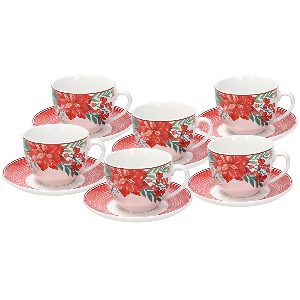 Tognana Dolce Natale, set 6 tazze tè con piatto, porcellana, rosso