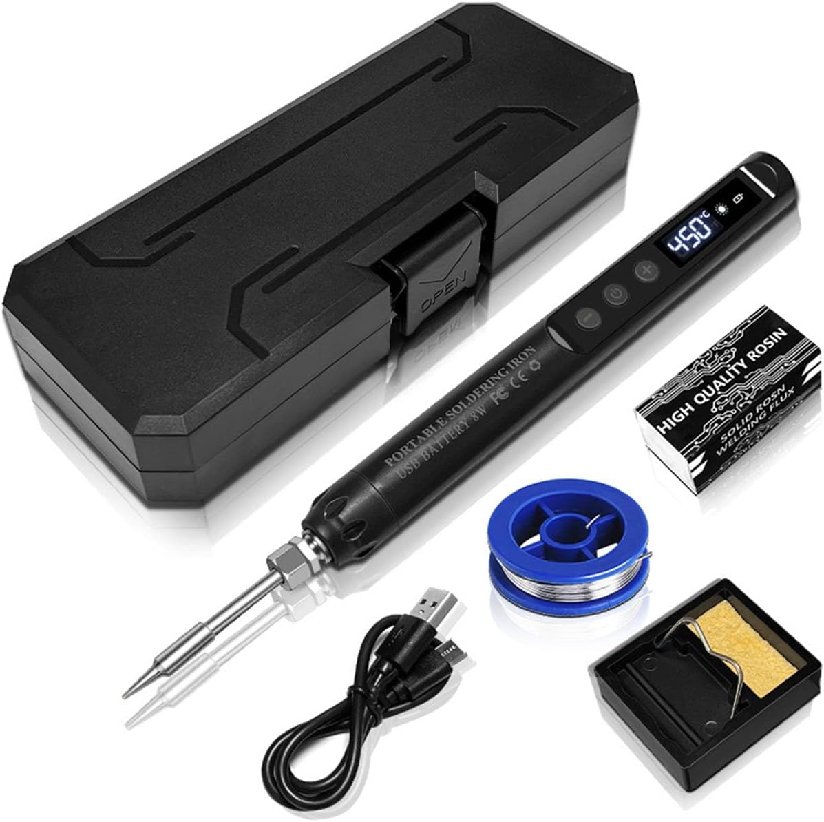 USB-C Cordless Soldering Iron Kit - Portable with LCD Display (200°C-450°C), Quick-Heating, 3 Interchangeable 510 Tips for Electronics Repair, DIY Crafts (1 PC soldering iron tip-Black)