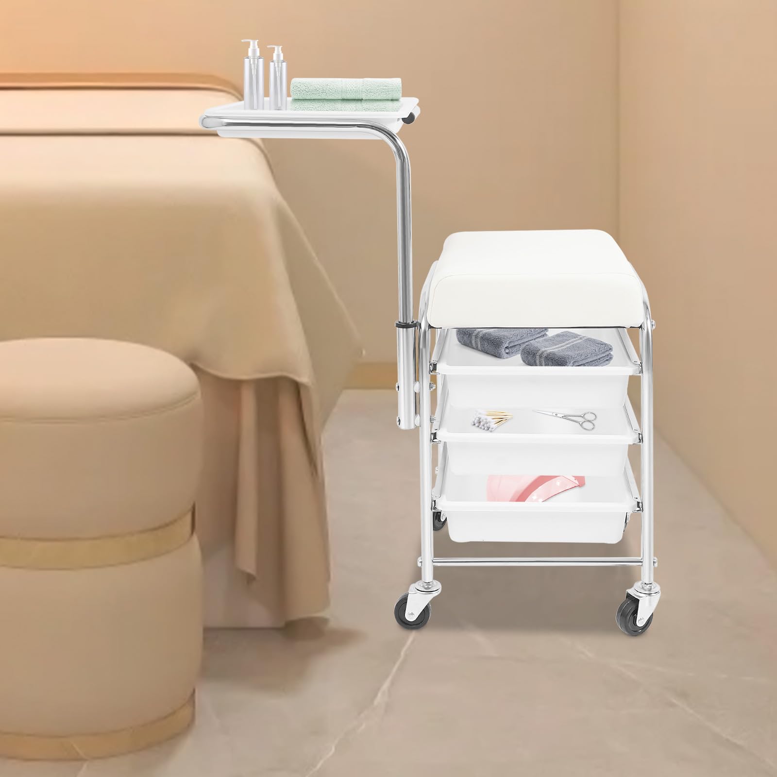 Carrello Manicure Bianco – Sedia e Carrello per Salone Estetico, Strumento Professionale per Unghie e Pedicure, Mobile Organizzatore Compatto per Estetiste