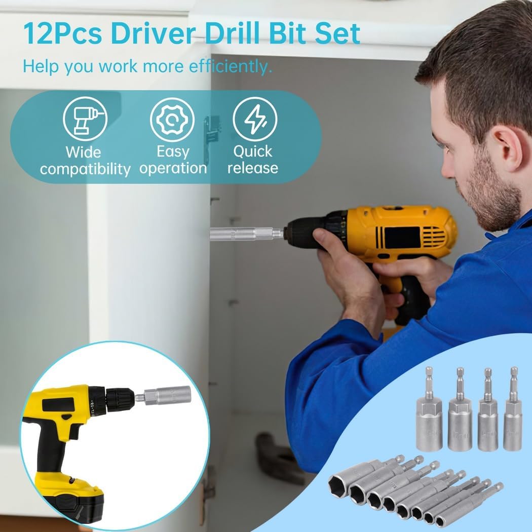 12-Piece Driver Drill Bit Set With 6-19Mm Socket Adapters, Quick-Change Metric Nut Drivers, Impact Screwdriver Bits, 1/4 Hex Shank, Bolt Removal Tools