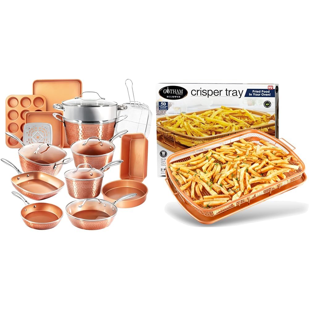 GOTHAM STEELHammered Copper Collection – 20 Piece Premium Pots and Pans Set & Air Fryer Basket for Convection Oven, 2 Piece Nonstick Copper Crisper Tray