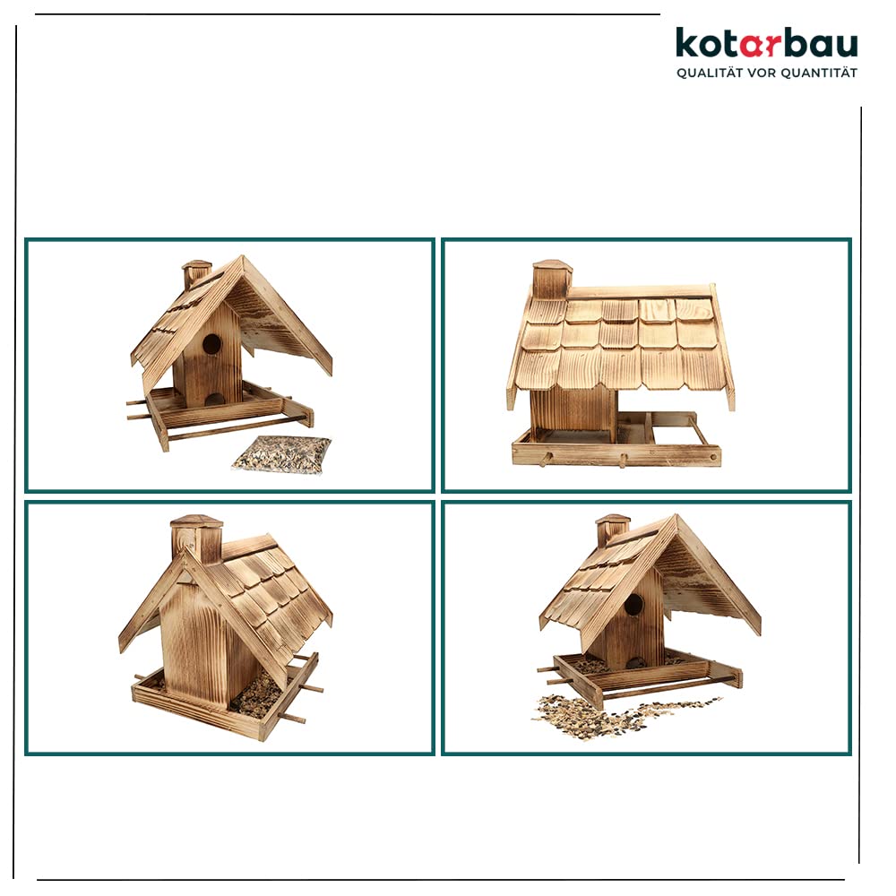 KOTARBAU® Comedero para pájaros de Madera, 37 x 29 cm, Dispensador de Comida, Casa para Aves, Casita de Madera flameada, + 0,5 Kilo de pienso Incluido