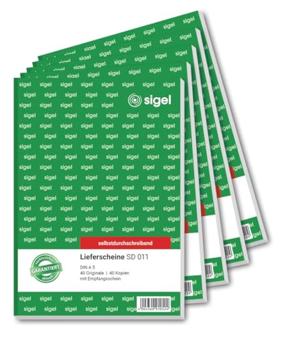 SIGEL SD011 Lieferscheine A5 2x40 Blatt selbstdurchschreibend 5er Pack Lieferscheinblock mit Empfangsschein mikroperforiert aus nachhaltigem Papier