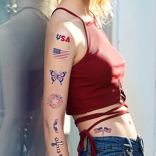Miniatura 6 de Tatuaje temporal del 4 de julio, 10 hojas de calcomanías impermeables para el Día de la Independencia, bandera estadounidense, sombrero de águilas,