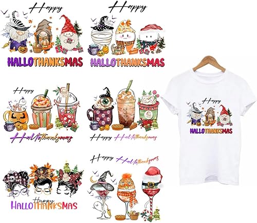 6 hojas de parches de Navidad para planchar en ropa, sombrero de Navidad y árbol, calcomanías para planchar en Acción de Gracias, calabaza, gnomos,