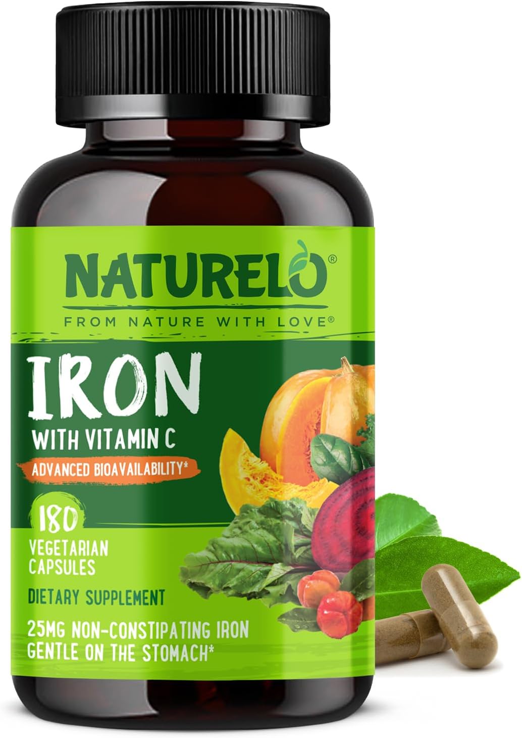 Vegan Iron Supplement with Vitamin C and Organic Whole Foods - Gentle Iron Pills for Women & Men with Iron Deficiency Including Pregnancy, Anemia and Vegan Diets - 180 Mini Capsules