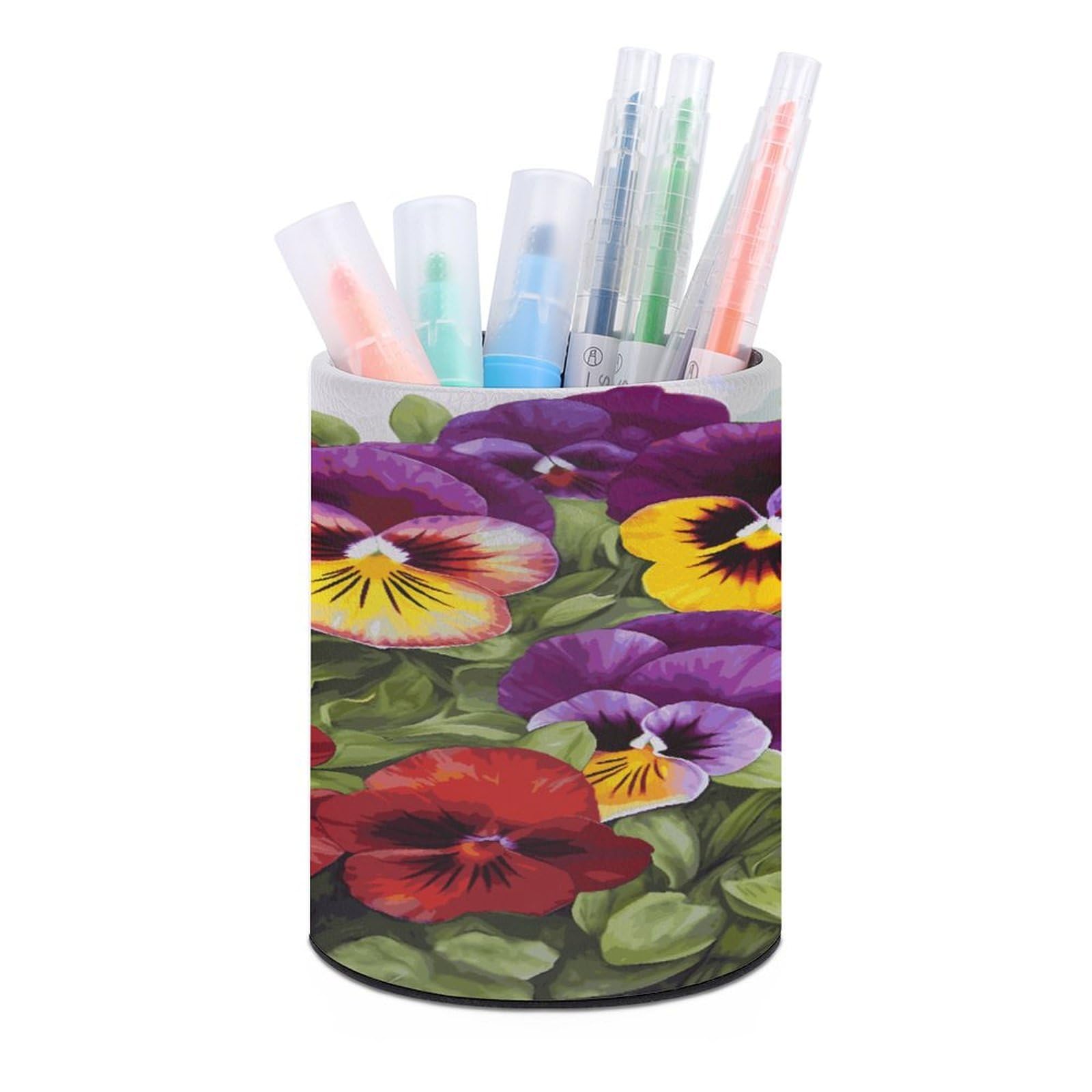LDGSUPH Pansy Perfection Round Pen Holder Leather Pen Cup Pencil Cup Pen Organizer Pencil Holder for Desk Organizer Pencil Organizers Makeup Brush Holders for Home Office Gift