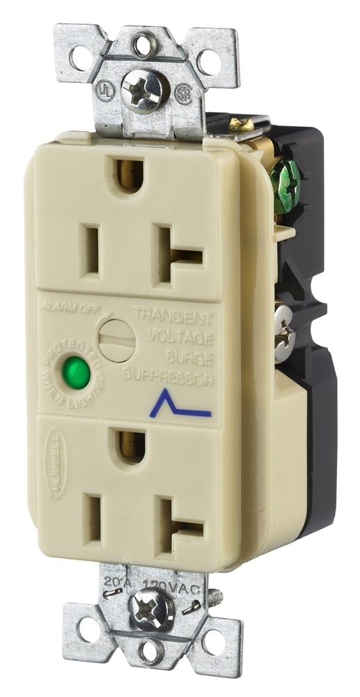 Hubbell HBL5360ISA Spike Shield Circuit Guard Specification Grade Surge Suppression Duplex Receptacle with Light, 125V AC, 60Hz, 20A, 2 Pole, 3 Wire, Ivory