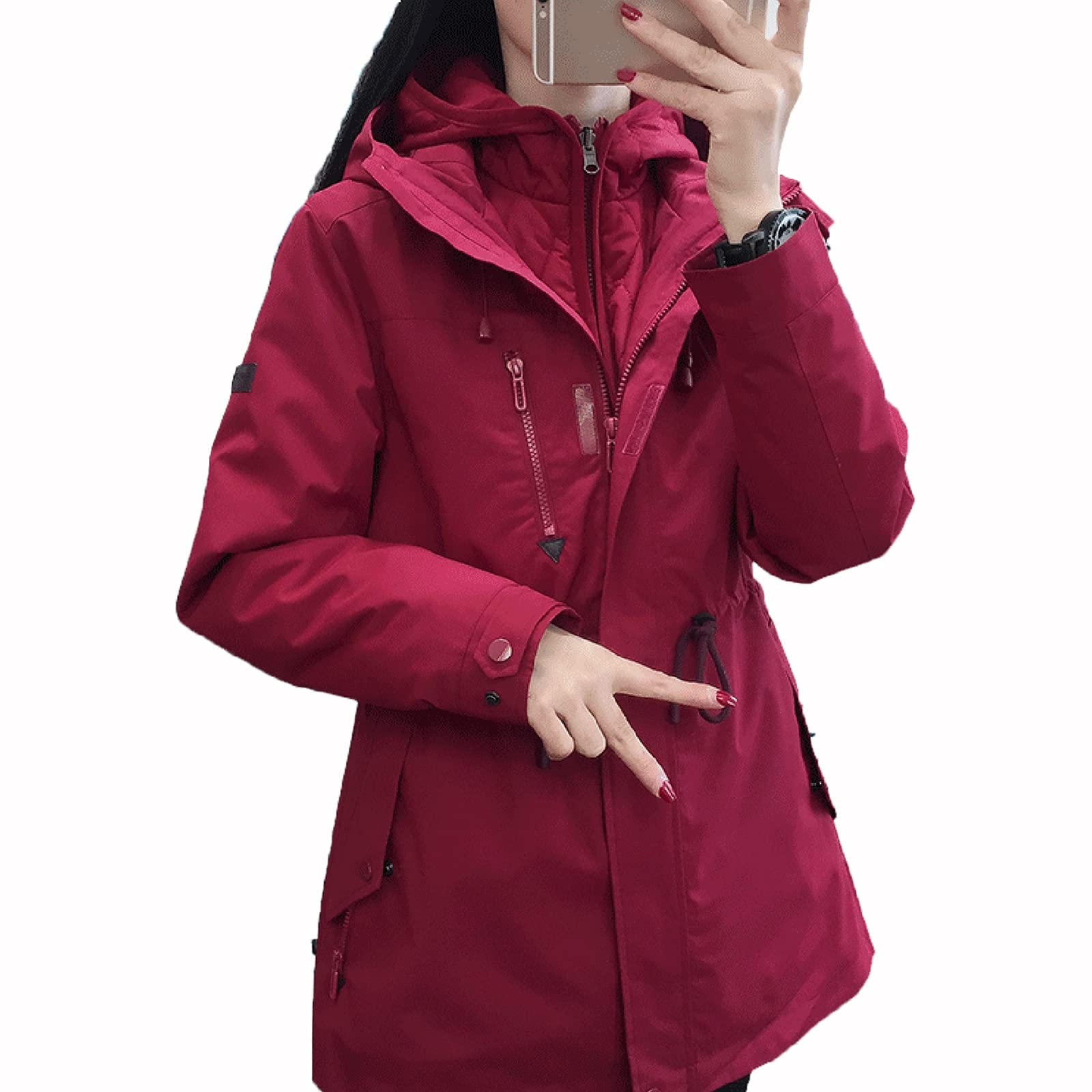 Veste de ski imperméable femme chaude doudoune hiver avec capuche protectrice rouge