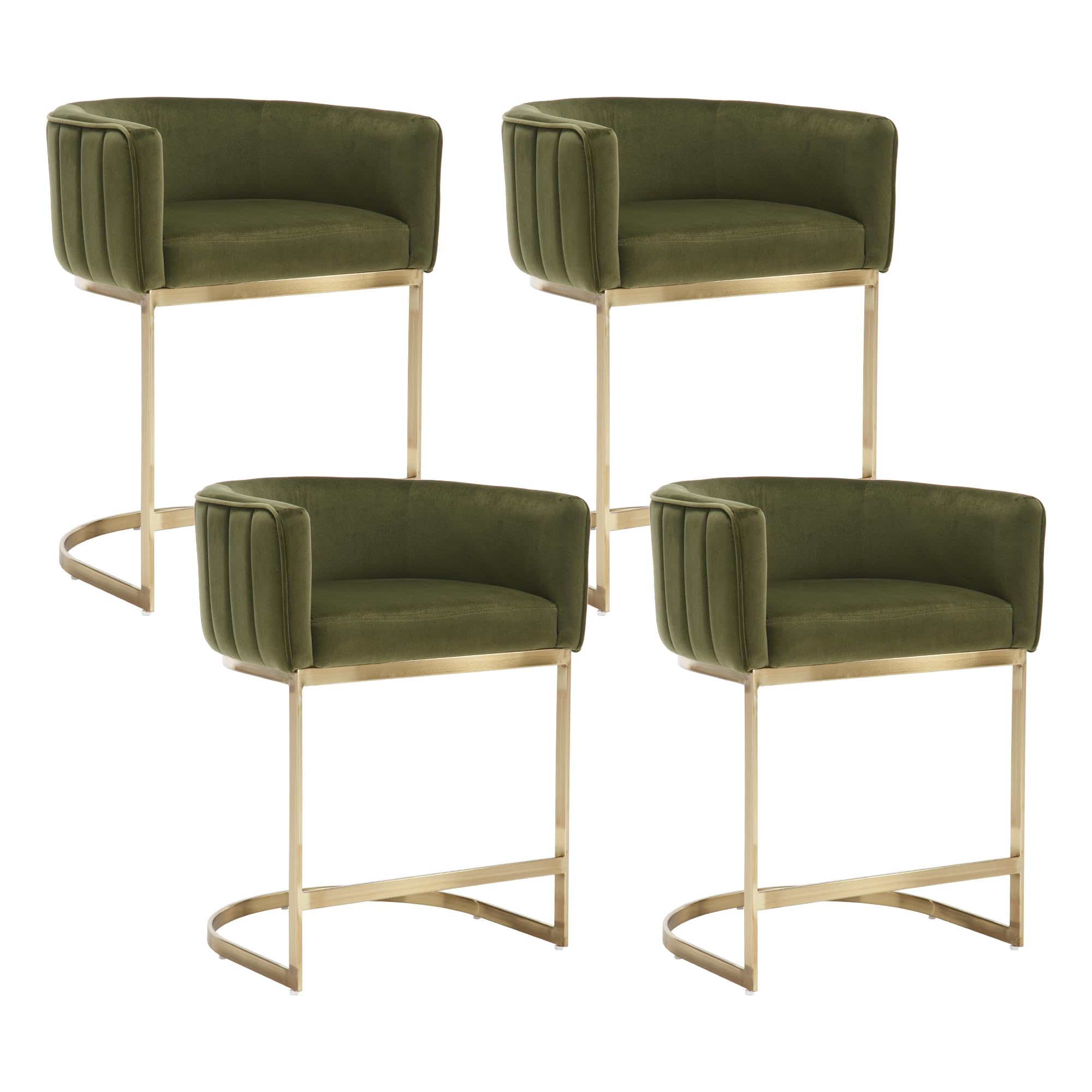 DM Furniture 4 Modern Bar Stools Counter Height 24" for Kitchen Island Velvet Upholstered Barrel Back Stool Chair and Golden Metal Frame for Dining