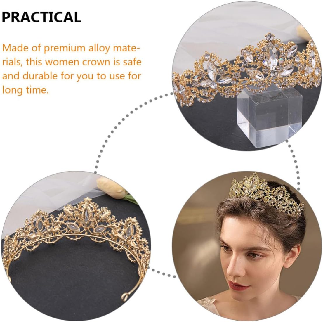 Golden Rhinestone Crown Hair Accessories for Bridesmaids and Prom