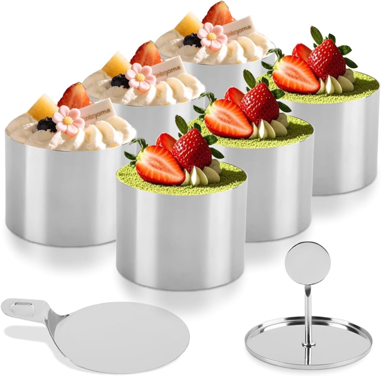 6Pack Seamless Dessert Rings Round 7.5cm/3inch Cake Rings Molds - Stainless Steel Mousse Ring Burger Ring Set with Pusher & Lifter - Height 5.5cm, Ideal for Burger BBQ/Desserts Mini Cake Tart Molds