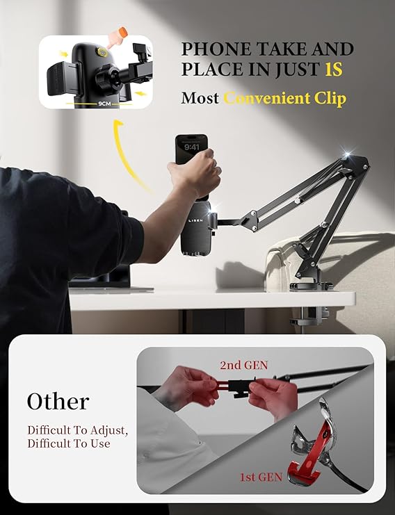 LISEN Gooseneck Phone Holder for Bed Desk [3rd Upgrade] Cell Phone Stand for Desk Bed Gaming Accessories,Gifts for Men Mom Senior Tech Mount for Recording Filming Laying Down Flexible Magic Arm Clamp