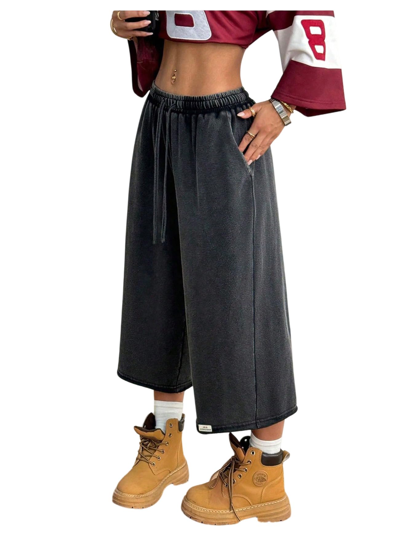 Verdusa Womens Vintage Washed Baggy Capri Pants Drawstring Waist Wide Leg Cropped Pants Streetwear