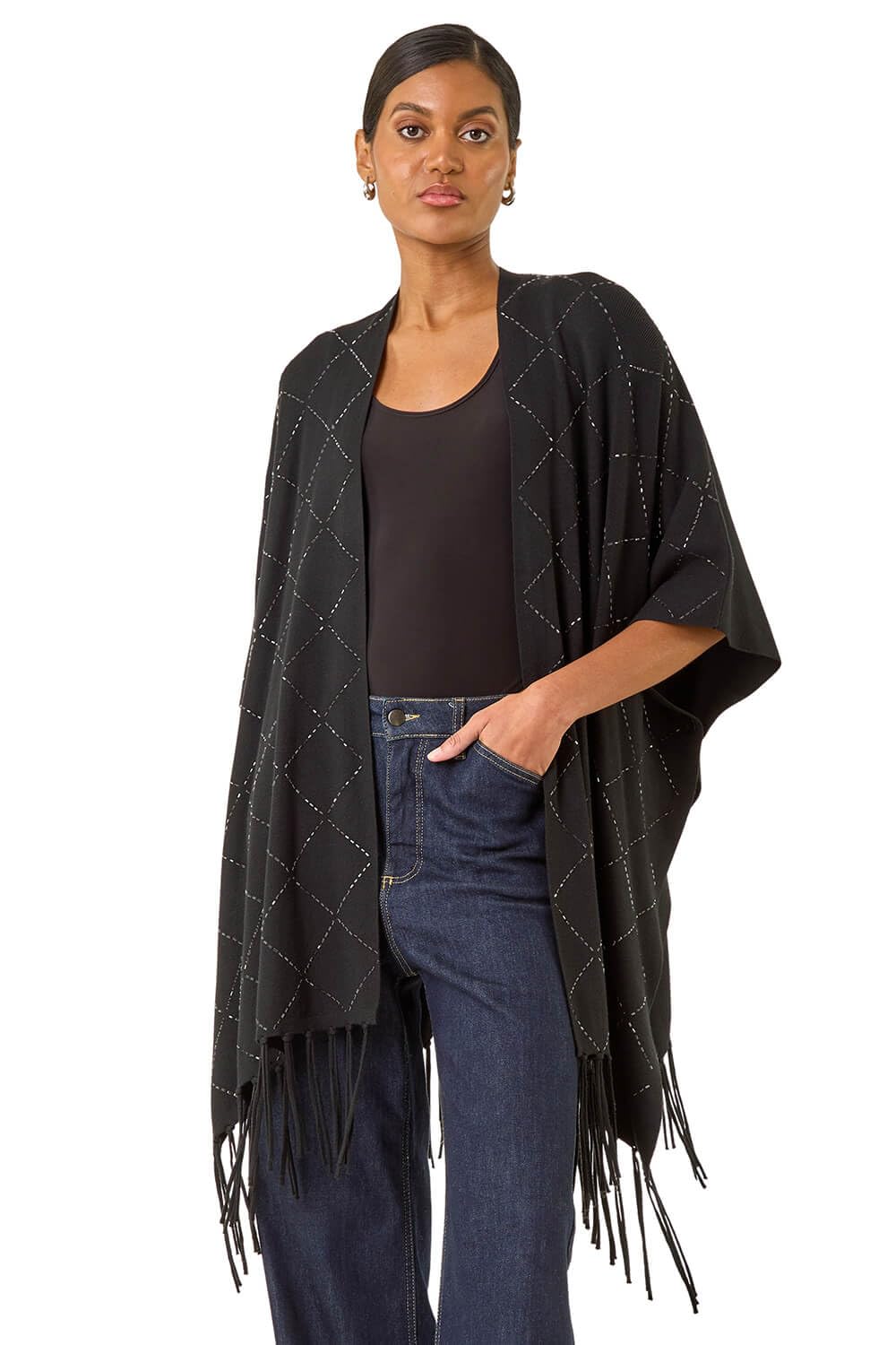 Roman Women's Black Sparkly Diamond Knit Poncho
