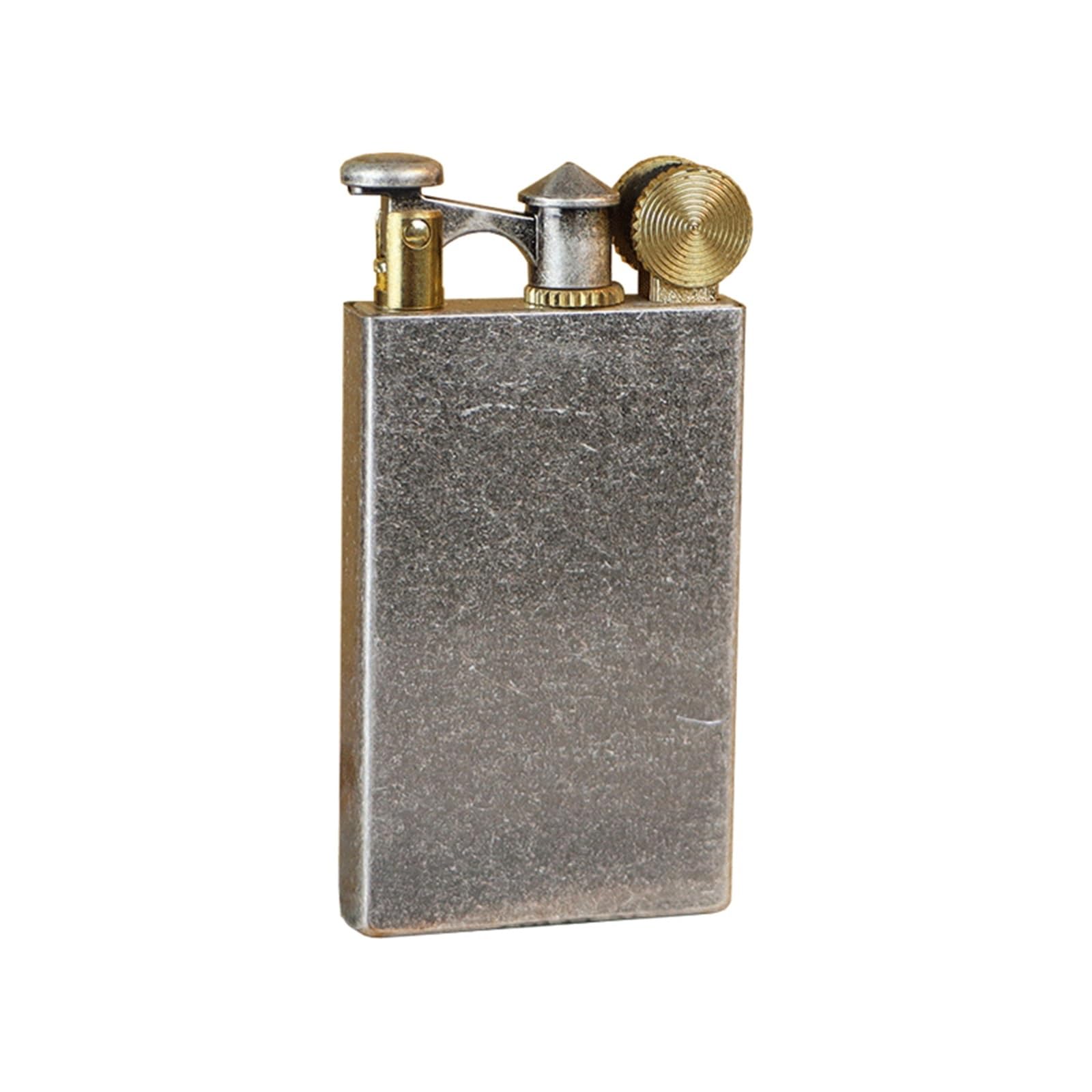 Accendino a Cherosene Vintage in Ottone Ultra Sottile, Accendino con Braccio di Sollevamento, accensione a Mola, Riutilizzabile, Adatto for Collezione/Regalo (Cherosene Non Incluso)(Silver)