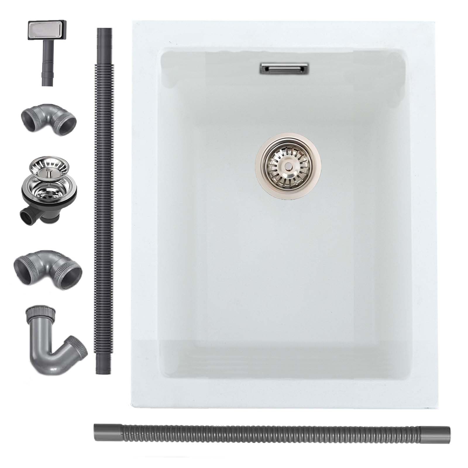 iAnomla Quartz Kitchen Sink 35x45cm/14x18 in, Composite Inset/Undermount Kitchen Small White Sink Waste Kit,Single Bowl Commercial with Overflow, Suitable for Workstation