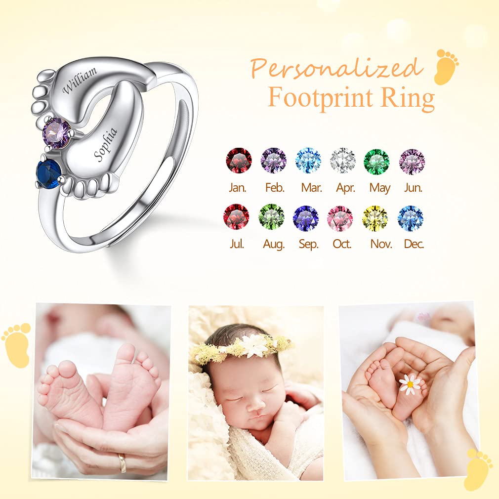 Custom4U Bague Argent 925 Femme Réglable 2 Prénoms Personnalisable Pieds de Bébé avec Pierre de Naissance