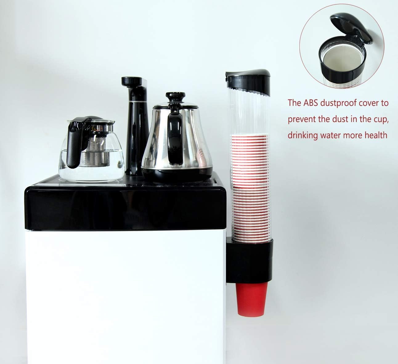 DEWIN Distributore di bicchieri, distributore di bicchieri a parete, portabicchieri in plastica one touch, Adatto per diametro esterno della tazza ≤7,5 cm. 60-80 tazze (nero)
