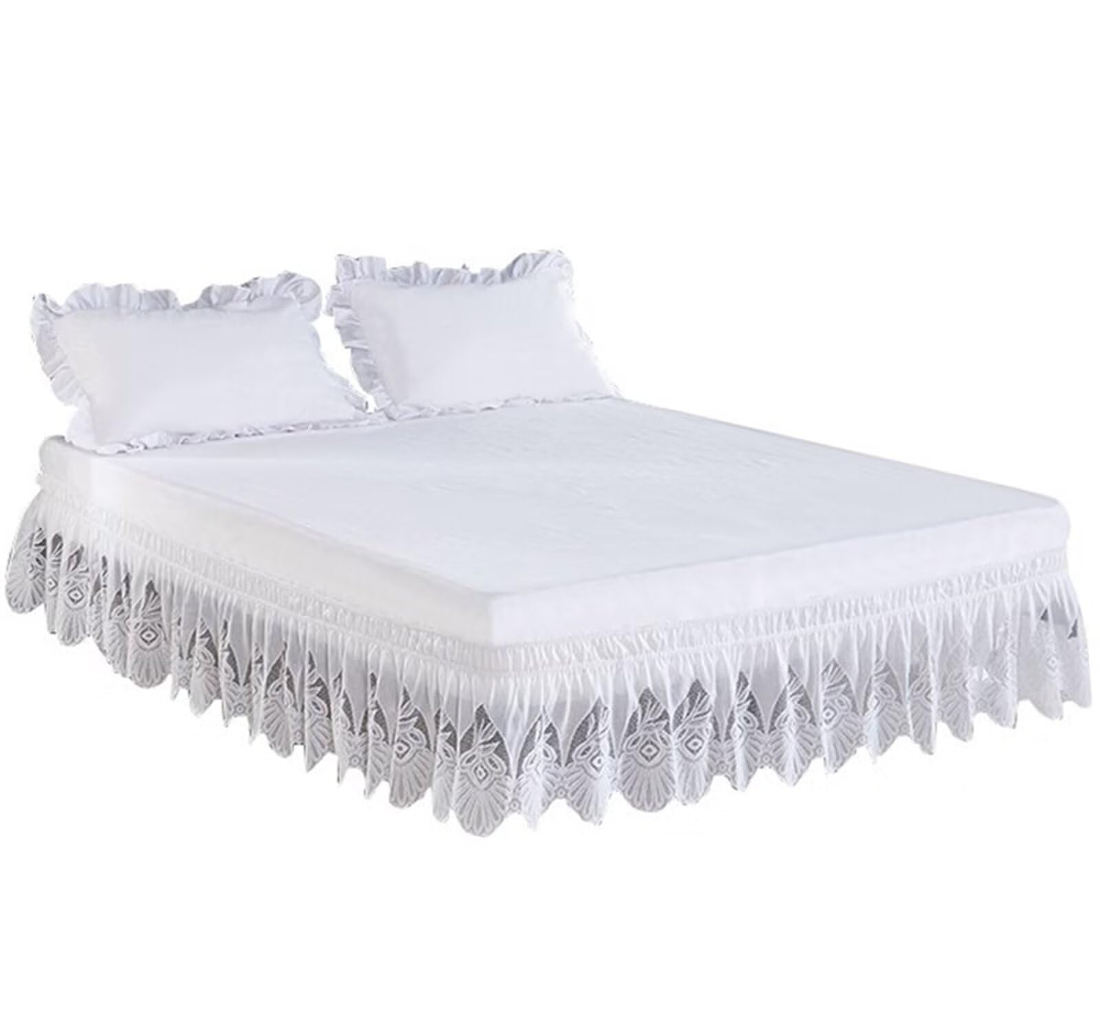 Flower Lace Tulle Elastic Bed Skirt Princess Ruffle Wrap Around Bed Wrap Easy Fit Dust Four Seasons White Queen