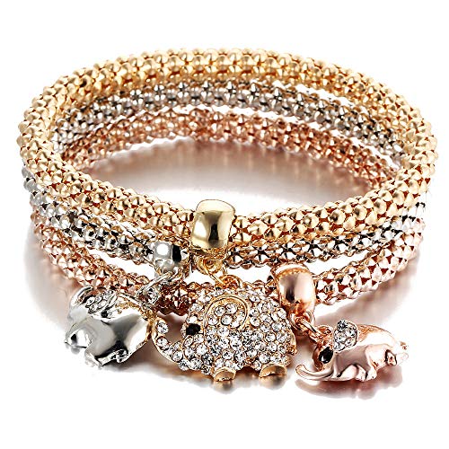 3PCS Gold/Silver/Rose Gold Corn Chain Bracelet Crystal Multilayer Charms stretch bracelet For Women Girls (elephant)